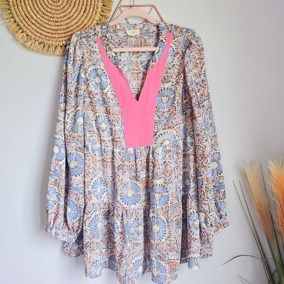 Ott, Blue Pink Boho Floral Relaxed Tiered Blouson Sleeve Tunic Top, Size 2X - Picture 8 of 8